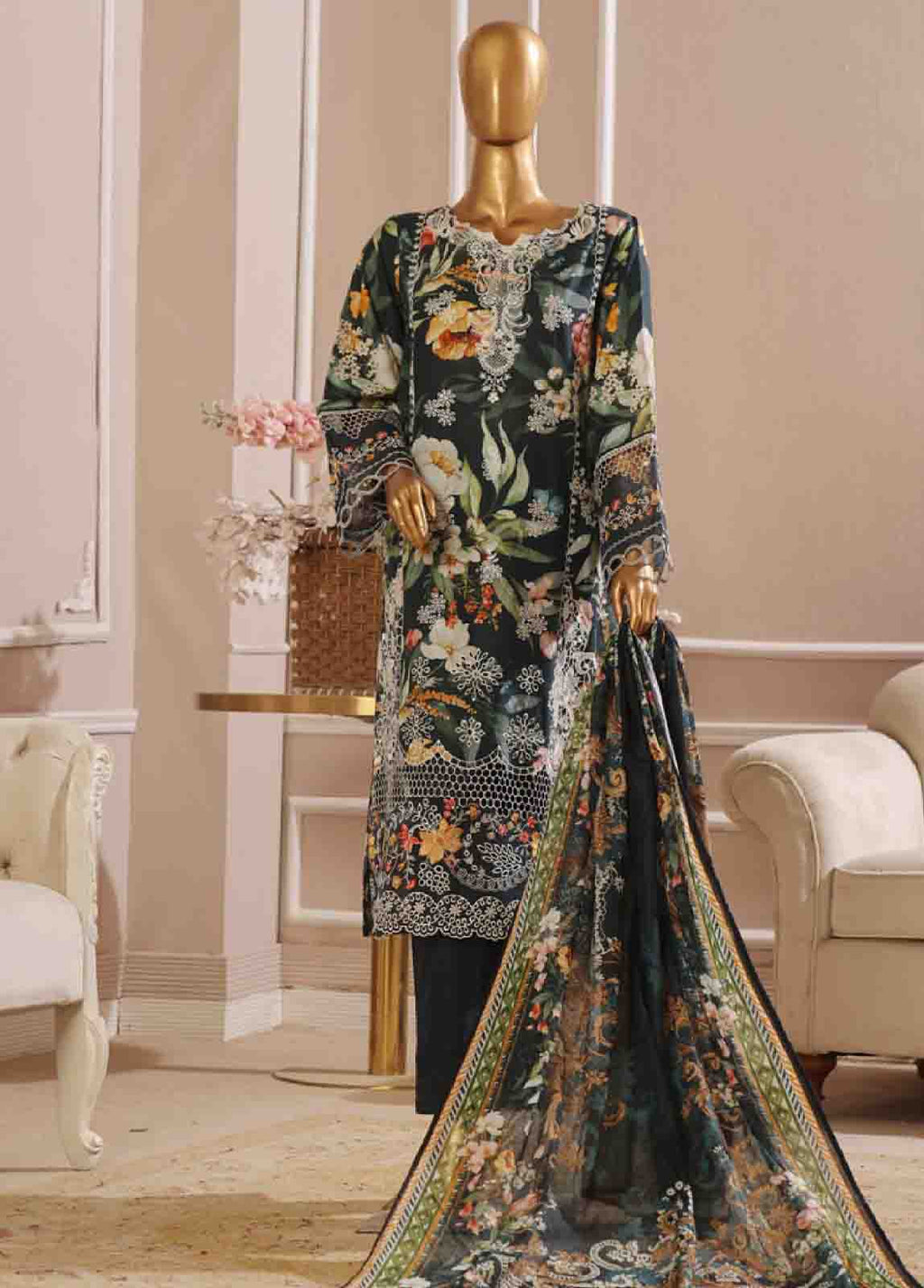 Bin Saeed Embroidered Lawn Stitched 3 Piece Suit