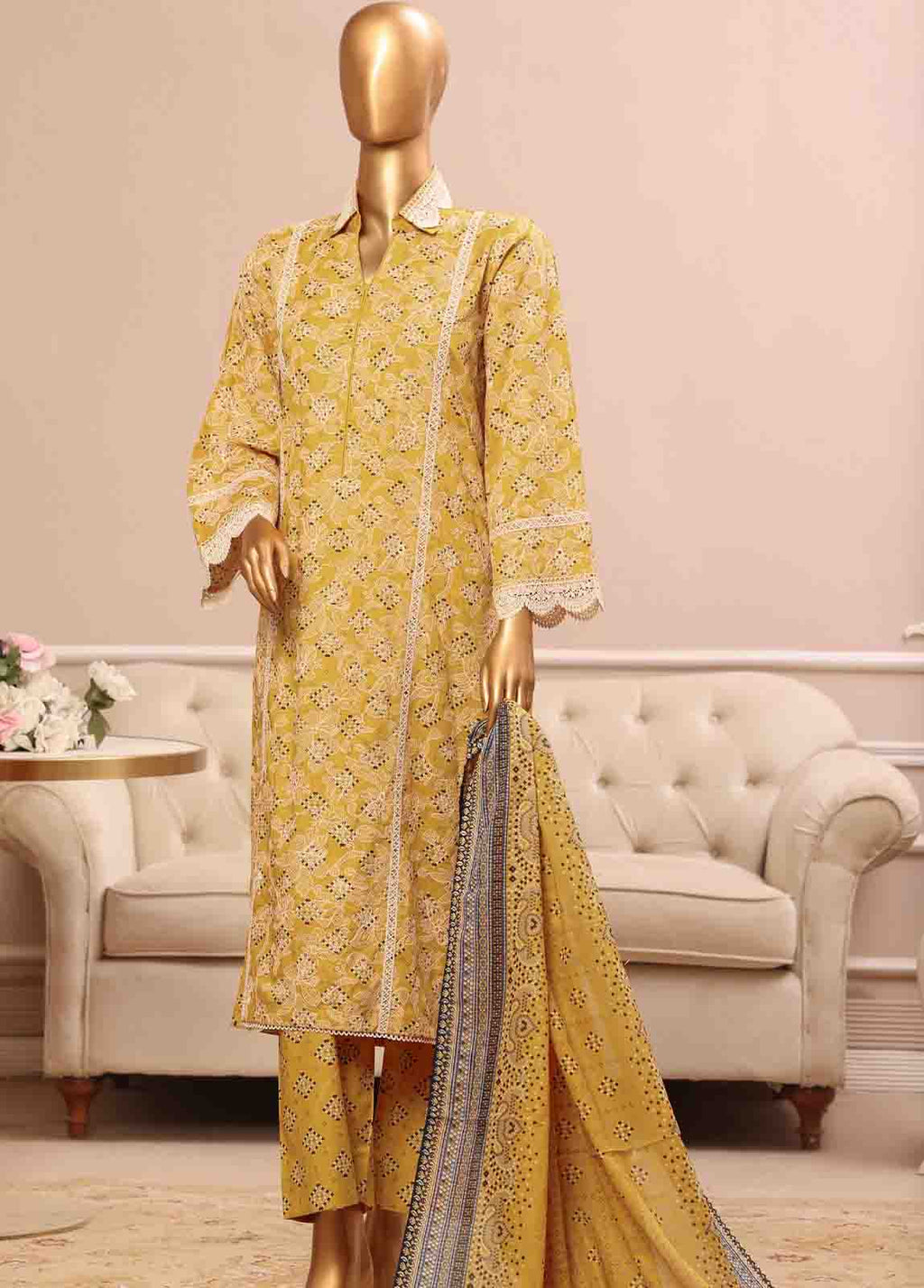 Bin Saeed Embroidered Lawn Stitched 3 Piece Suit