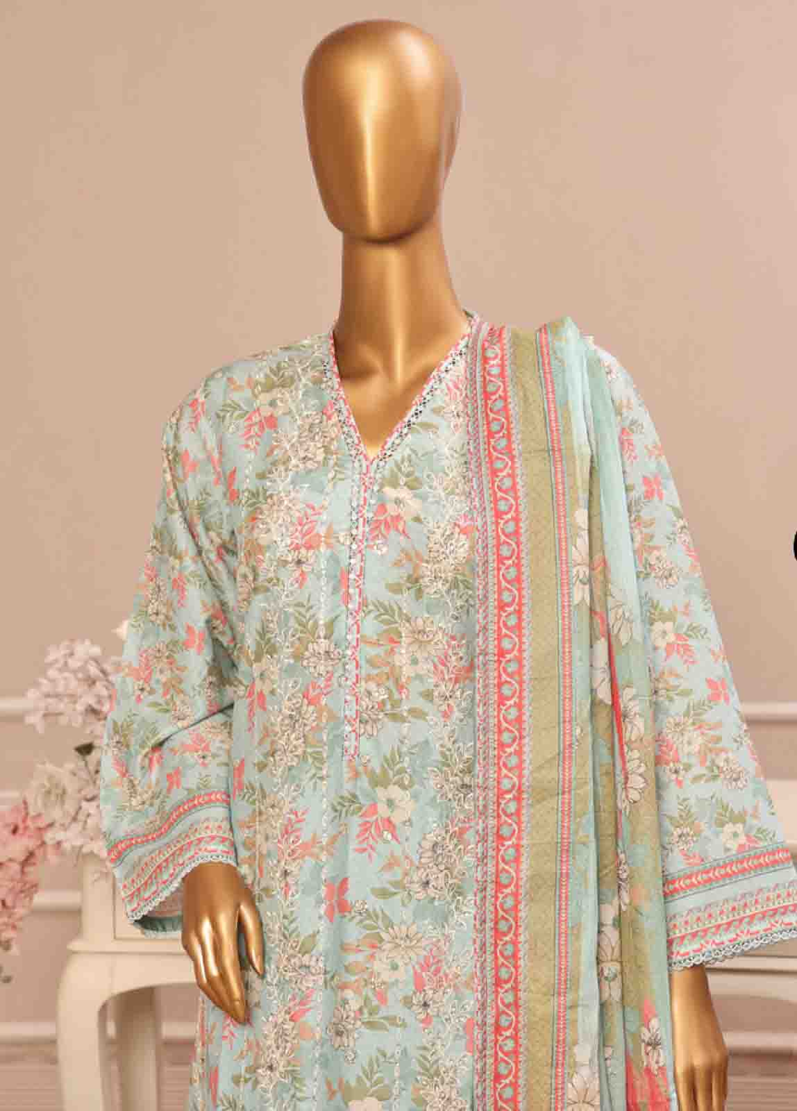 Bin Saeed Embroidered Lawn Stitched 3 Piece Suit