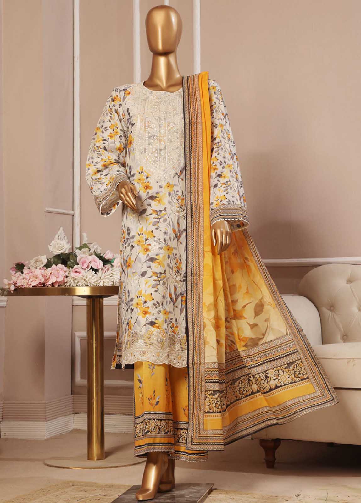 Bin Saeed Embroidered Lawn Stitched 3 Piece Suit